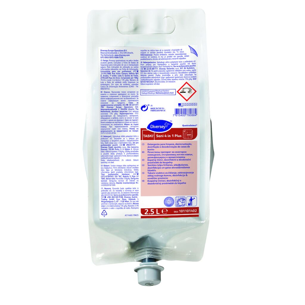TASKI Sani 4 in 1 Plus 2x2.5L - Folyékony, tisztító és fertőtlenítőszer, vízkóoldó és illatosító hatással QuattroSelect kiszerelésben
